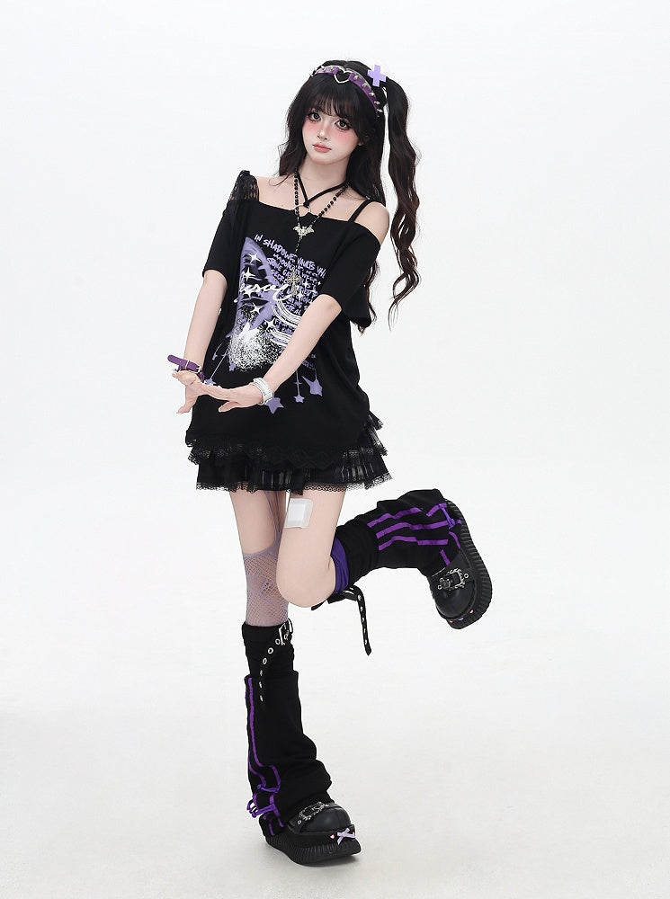 Black Off-the-shoulder Neckline Loose Graphic T-shirt