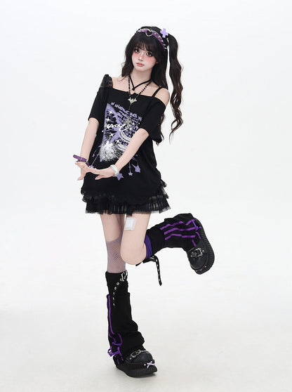 Black Off-the-shoulder Neckline Loose Graphic T-shirt