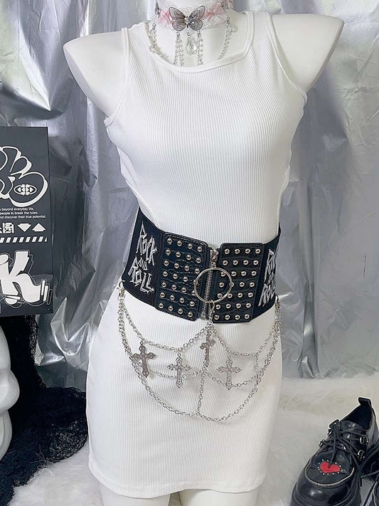Black Punk Studs Details Cross Charm Waist Corset Belt