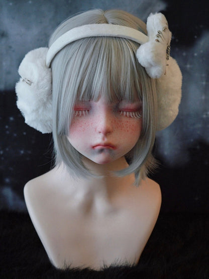 White Handmade Cross and Pins Plush Bone Earmuffs