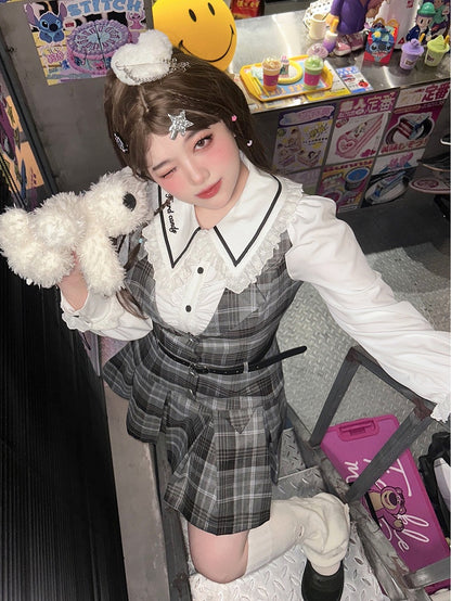 Plus Size - White Long Sleeves Shirt / Gray Plaid Dress Box Pleat Skirt