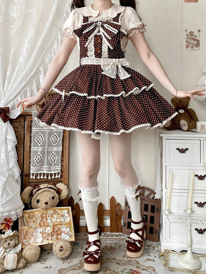 Chocolate Brown Polka-dot Pattern Old School Lolita Overall Dress