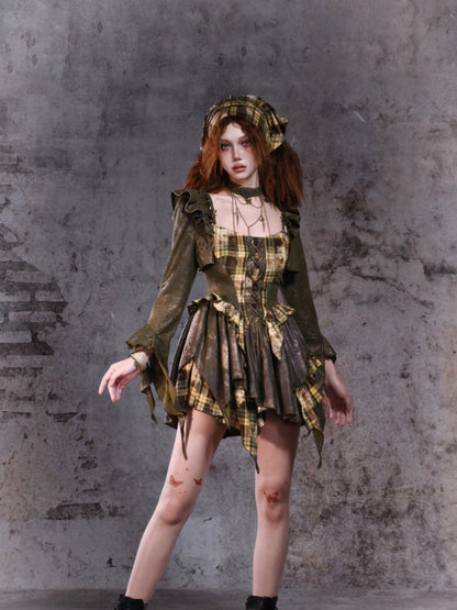 Green Plaid Handkerchief Hem Cami Dress with Lace-up Detail at Front