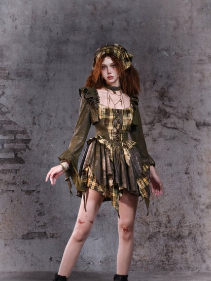 Green Asymmetrical Ruffled Cuff Shrug with Flutter Sleeve Detail at Shoulder