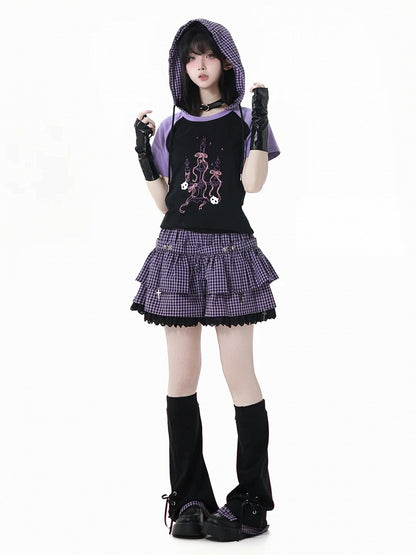 Purple Plaid Hem Black Lace-up Details Leg Warmers