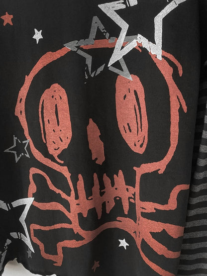 Skull and Stars Print Black Long Sleeves Top Fake Two-pieces