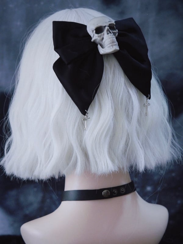 Cross Charm Gothic Black Skull Big Bow Hairclip