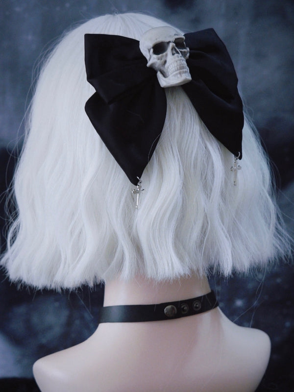 Cross Charm Gothic Black Skull Big Bow Hairclip