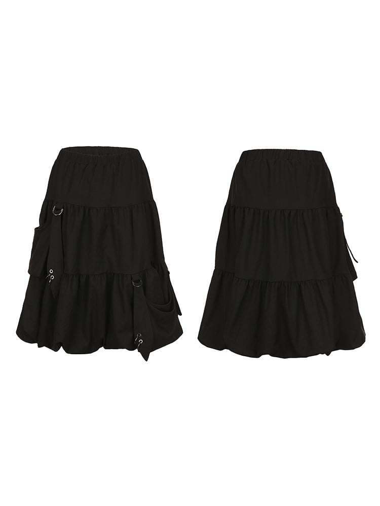 Plus Size Black Knee-Length Bubble Skirt with Hooked Pockets & Elastic Waist