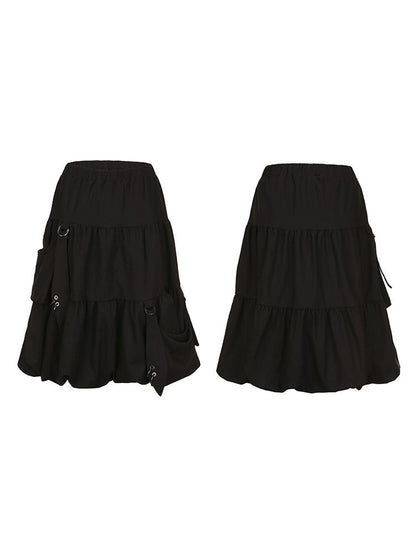 Plus Size Black Knee-Length Bubble Skirt with Hooked Pockets & Elastic Waist