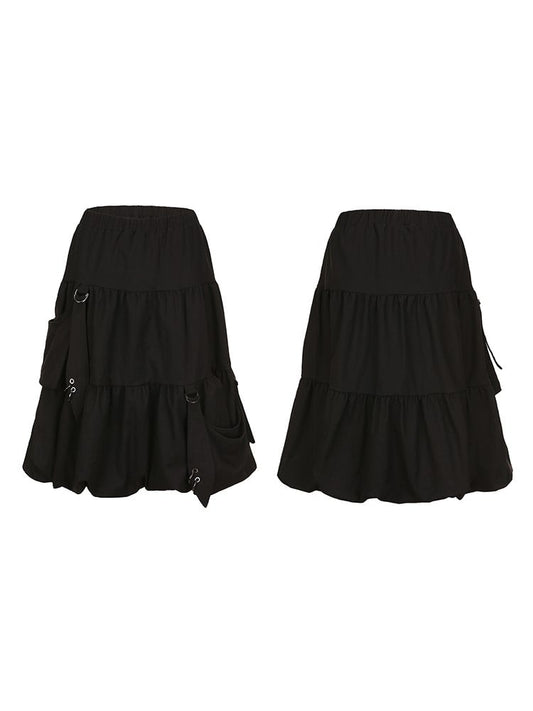 Plus Size Black Knee-Length Bubble Skirt with Hooked Pockets & Elastic Waist