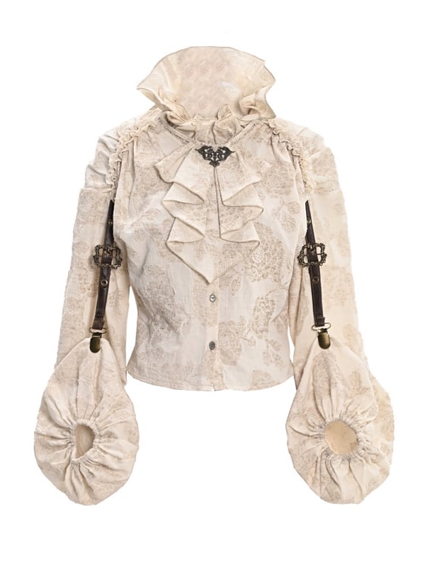 Clearance-Size S for Bust 88CM Ruffle Neckline Apricot Steampunk Balloon Sleeves Shirt