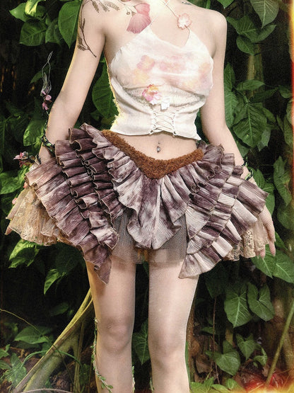 Brown Low Waist Fairy Goth Tie Dye Tiered Ruffles Skirt with Shorts Lining