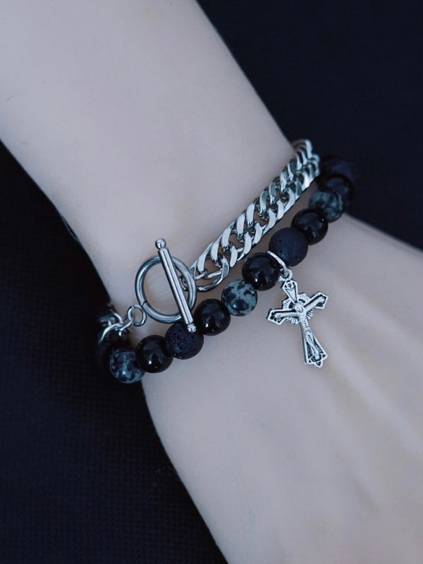 Silver&Black Gothic Cross Charm Beaded Bracelet