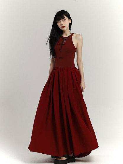 Gothic Wine Red High Waist Cross Print Sleeveless Dress