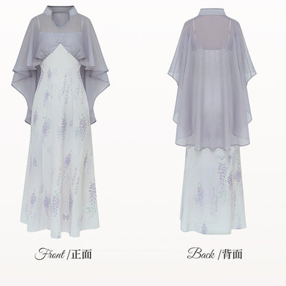 Plus Size Cheongsam Style Cape Design Purple Wisteria Print Qipao Dress