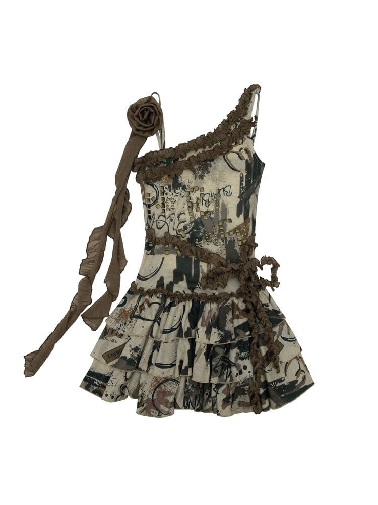Clearance-Size M for Bust 75CM Light Brown Punk Backless Dress Tiered Skirt with Detachable Rosette