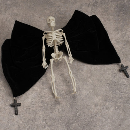 Handmade Skeleton Gothic Black Velvet Big Bow Hairclip with Crosses