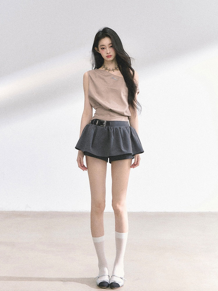 Apricot/Khaki Asymmetrical Neckline Self-tie Bow Back T-shirt