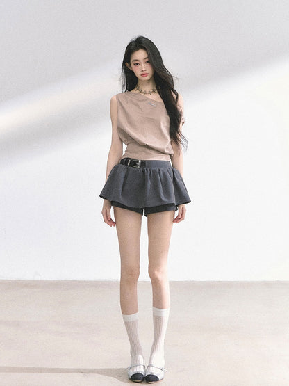 Apricot/Khaki Asymmetrical Neckline Self-tie Bow Back T-shirt