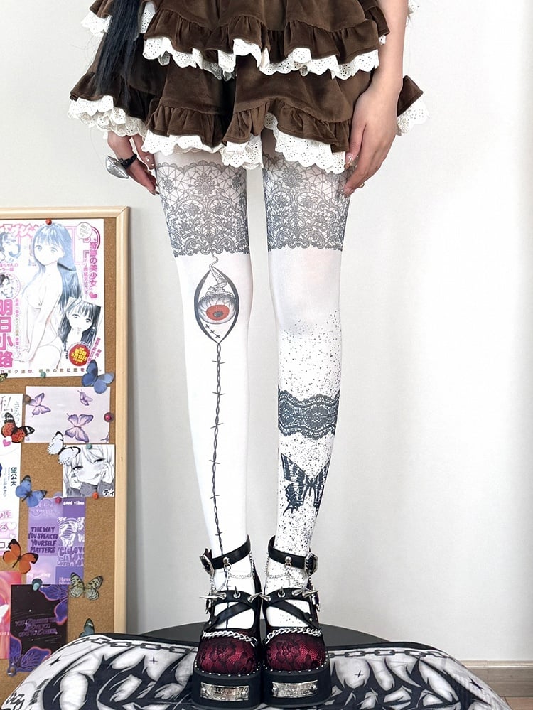 White Guro Kawaii Butterfly Print Tights