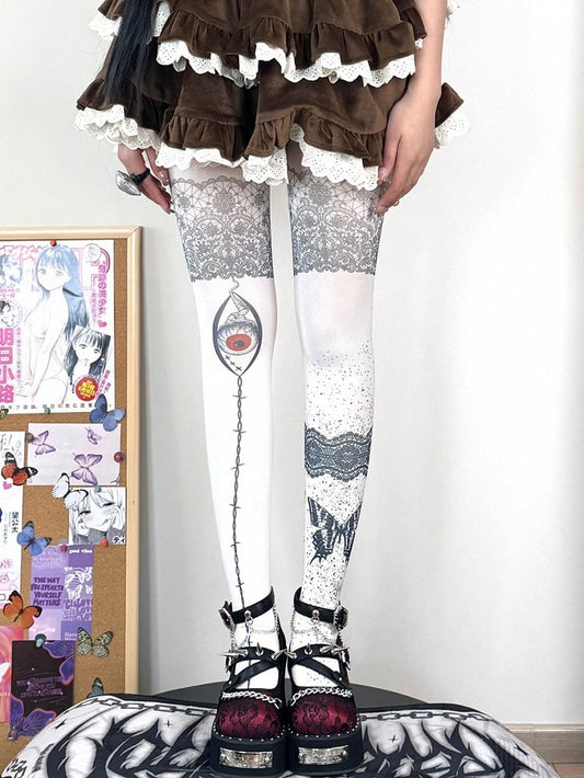 White Guro Kawaii Butterfly Print Tights