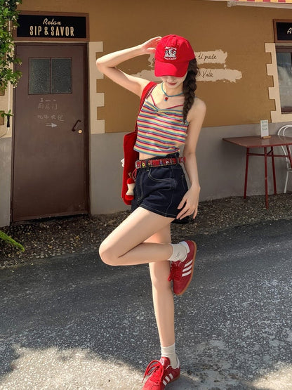 Red/Light Purple Striped Slim-fitting Cami Top