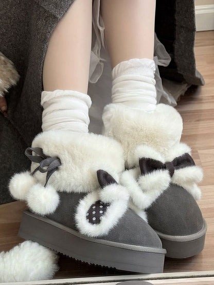 Plush Bunny Ear Decor, Fleece Lining & Pompom Decor Straps Gray Winter Boots in Sweet Lolita