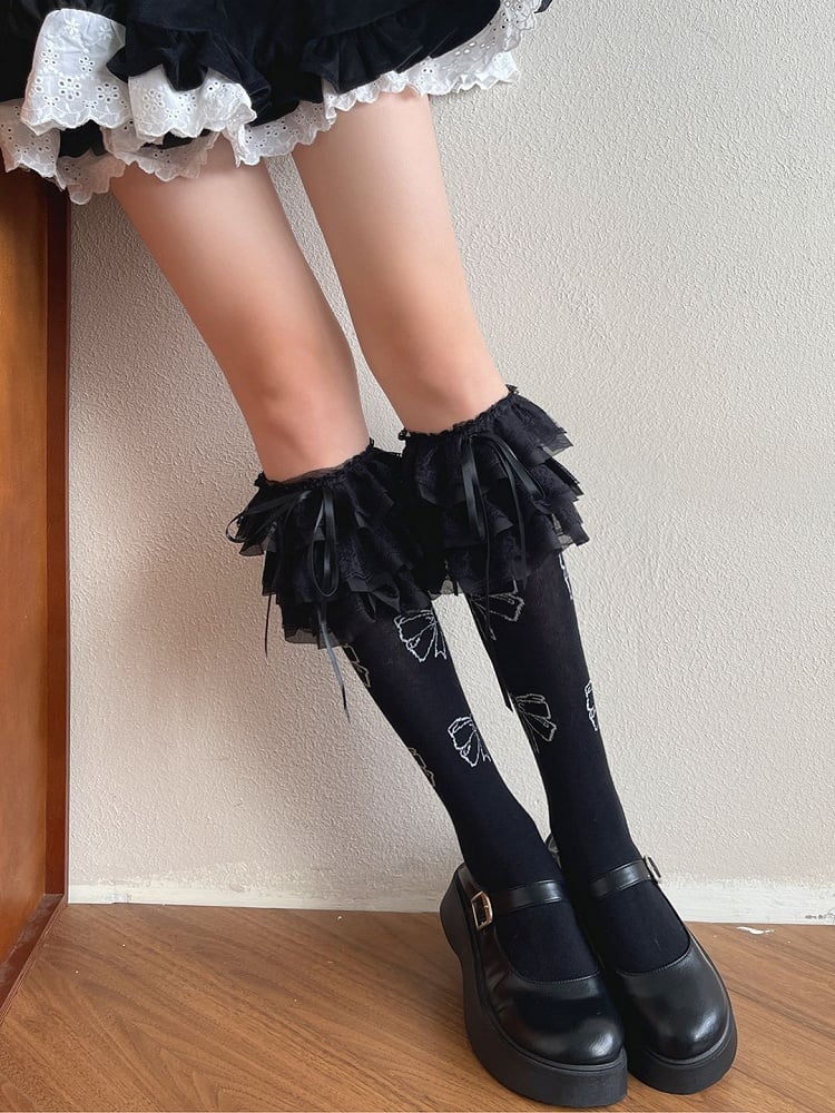 White/Black Bowknot Decorated Lace Trim Lolita Underknee Stockings