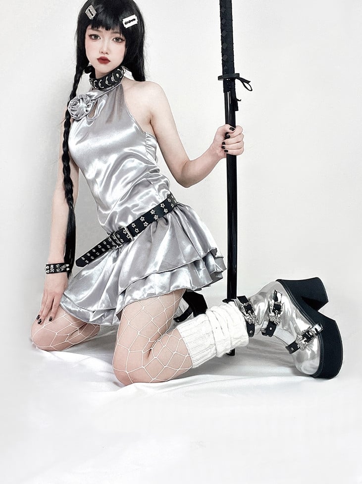 Dragon-shaped Buckle Straps Silver and Black Punk Boots High Block Heel