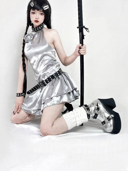 Dragon-shaped Buckle Straps Silver and Black Punk Boots High Block Heel