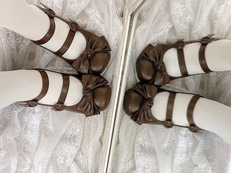 Bow Accents Sweet Brown Buckle Straps Shoes Princess Low Heels