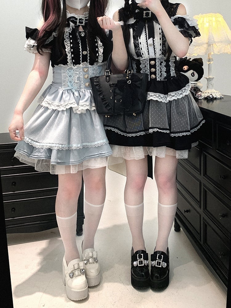 Black/Pink/Blue High Waist Sweetheart Buttons Lace Trim Jirai Kei Tiered Skirt