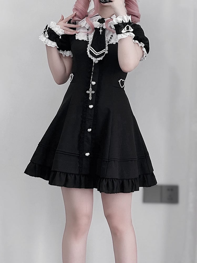 Plus Size Available Black Jirai Kei Set- Lace Trim Dress + Shorts + Tie + Wrist Cuffs