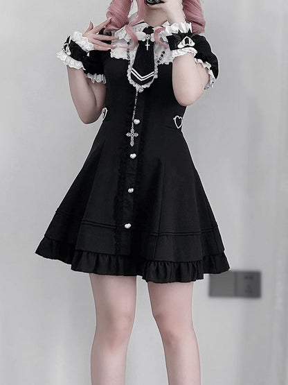 Plus Size Available Black Jirai Kei Set- Lace Trim Dress + Shorts + Tie + Wrist Cuffs
