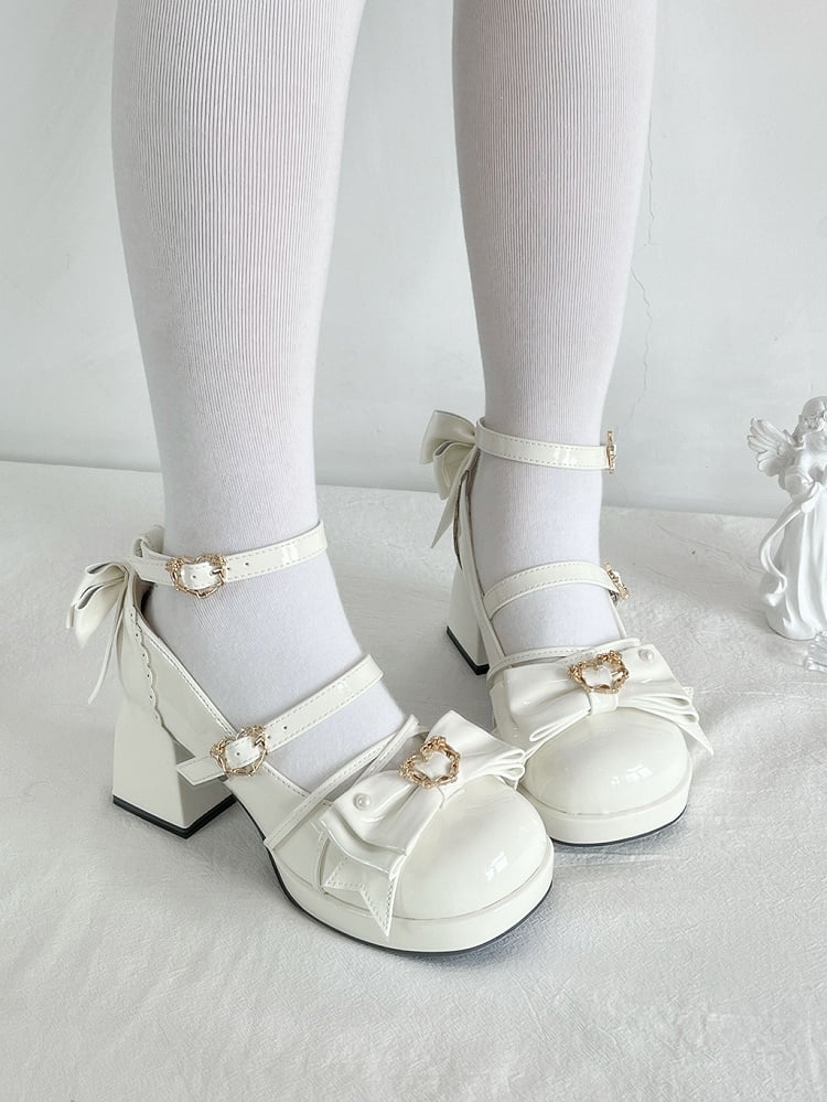 White Bow Accent Crisscross Design Lolita Platform High Block Heels