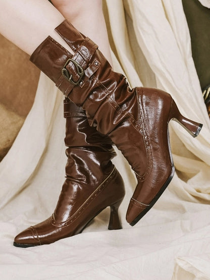 7.5cm High-heel Light Brown Stacked Boots - Slip-On Design with Collapsible Shaft & Ornate Clasps