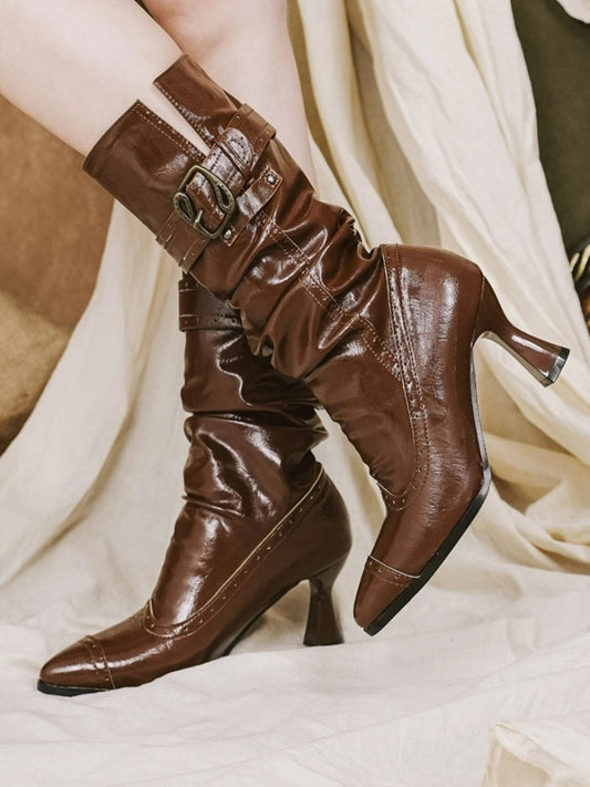 7.5cm High-heel Light Brown Stacked Boots - Slip-On Design with Collapsible Shaft & Ornate Clasps