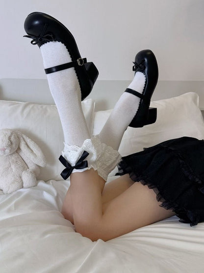 White Lolita Calf Socks With Pink/White/Red/Black Bowknots