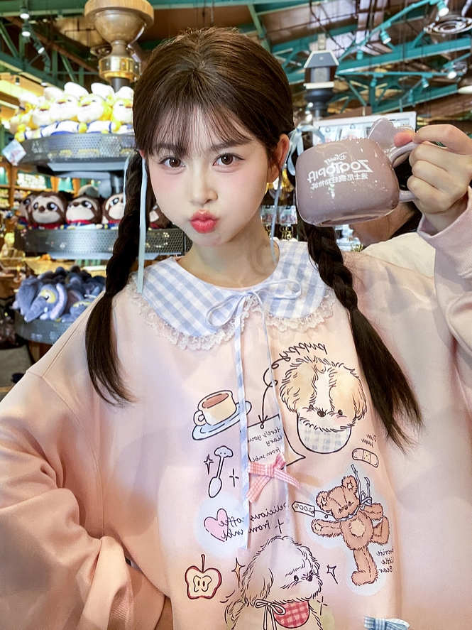 Adorable Cartoon Puppy Print Pink Round Neck Loose Sweatshirt