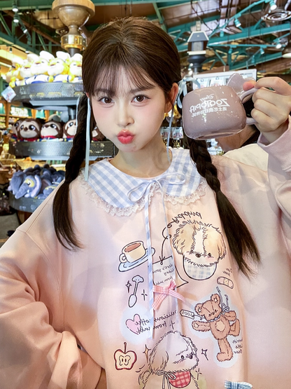 Adorable Cartoon Puppy Print Pink Round Neck Loose Sweatshirt