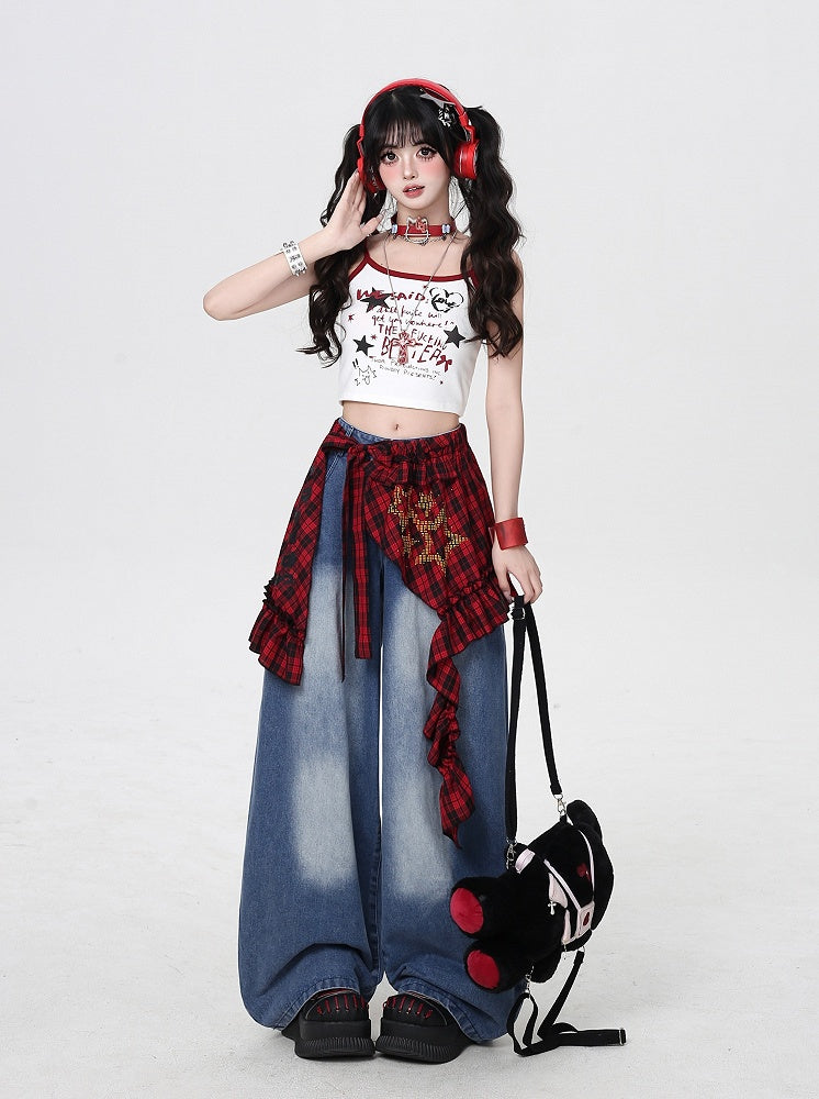 Blue Low Rise Faded Wash Wide-leg Jeans with Red Plaid Waist Accessory
