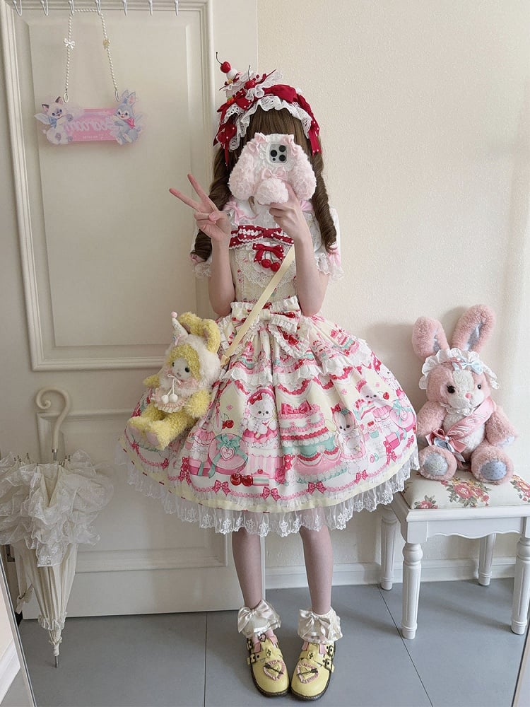 Cakes and Bunny Print Yellow Lolita Dress Sweet Jumper Skirt