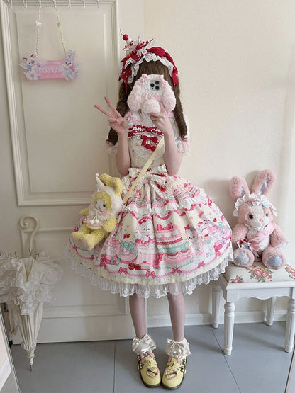 Cakes and Bunny Print Yellow Lolita Dress Sweet Jumper Skirt