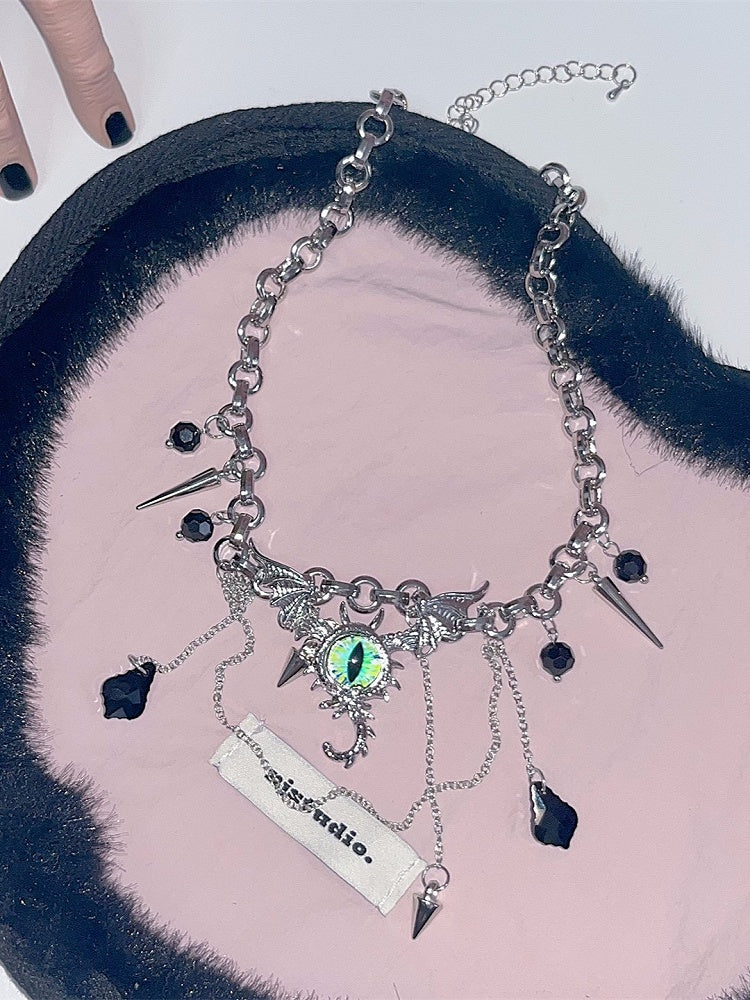 Silver Y2K Punk Evil Eye Necklace With Black Rhinestone Pendant