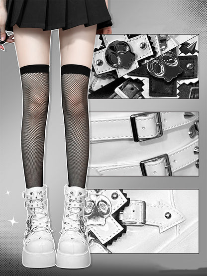 Metal Skull Polished White Punk Wedge Platform Boots Spike Stud Detailing