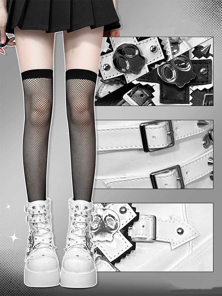 Metal Skull Polished White Punk Wedge Platform Boots Spike Stud Detailing