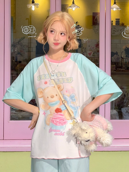 Cute Bear Print Mint Blue Colorblock Design Loose T-shirt