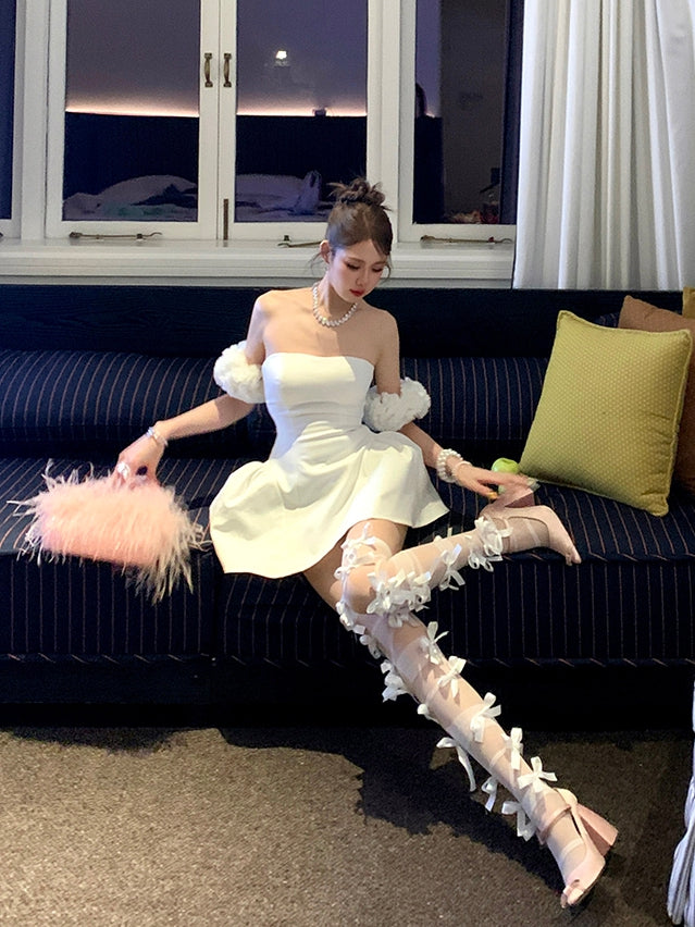 White/Black Crisscorss Banded Bowknot Details Over-knee Stockings