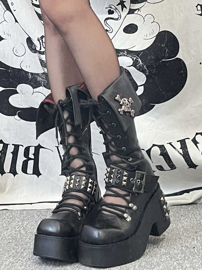 Skull and Studs Black Front Lace-up Punk Chunky Platform Boots